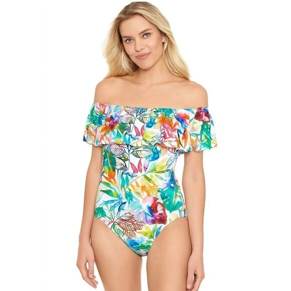 NWT Lauren Ralph Lauren TROPICAL CARIBBEAN Off-the-Shoulder One-Piece Swimsuit - Picture 1 of 7